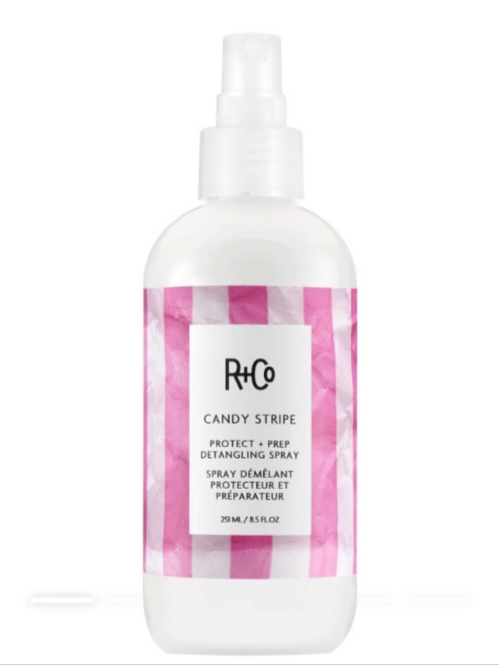 R+Co Candy Stripe Protect + Prep Detangling Spray — Pink
